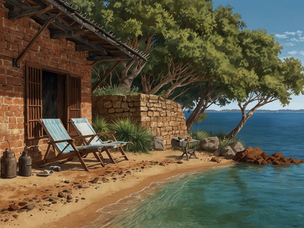 Auf dem Bild ist eine ruhige Küstenszene mit einem kleinen Ferienhaus, Liegestühlen, und einer schönen Aussicht auf das Wasser zu sehen. Dies erinnert an einige der malerischen Orte in Darwin, wie den **Mindil Beach**, bekannt für seine herrlichen Sonnenuntergänge und Märkte, oder die **Gardens Park**, wo man die Natur genießen kann. Solche Orte bieten eine entspannte Atmosphäre und sind ideal, um sich am Wasser zu erholen.