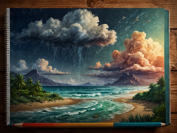Auf dem Bild ist eine künstlerische Darstellung einer Landschaft zu sehen, die eine Küstenlinie mit Palmen, Bergen im Hintergrund und einem dramatischen Himmel zeigt, der von Gewitterwolken und Blitzen geprägt ist.Nach der Buchung: Was du vor deiner Abreise beachten solltest:1. **Wettercheck**: Prüfe die Wettervorhersage für dein Reiseziel, um dich entsprechend vorzubereiten.2. **Packliste**: Stelle sicher, dass du wetterfeste Kleidung und Ausrüstung mitnimmst.3. **Reiseunterlagen**: Überprüfe deine Buchungsbestätigungen und Dokumente.4. **Gesundheit und Sicherheit**: Informiere dich über notwendige Impfungen oder Vorsichtsmaßnahmen.5. **Aktivitäten planen**: Plane deine Aktivitäten unter Berücksichtigung des Wetters, insbesondere bei schlechtem Wetter.