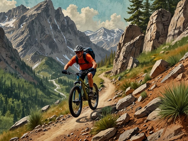 Auf dem Bild ist ein Mountainbiker zu sehen, der mit einem sportlichen Fahrrad einen steilen, schottrigen Trail in einer Berglandschaft hinunterfährt. Die Umgebung ist geprägt von majestätischen Bergen, grünen Wäldern und einem klaren Himmel, was eine perfekte Kulisse für Abenteuer und Outdoor-Aktivitäten bietet.In dieser Umgebung bieten sich zahlreiche Möglichkeiten für aufregende Abenteuer. Man könnte zum Beispiel Wanderungen zu den Gipfeln unternehmen, die atemberaubenden Ausblicke genießen oder sich in der Natur entspannen. Auch Aktivitäten wie Klettern, Campen oder Fotografieren der beeindruckenden Landschaften wären hier sehr beliebt. Insgesamt strahlt die Szenerie ein Gefühl von Freiheit und Erkundungsdrang aus.