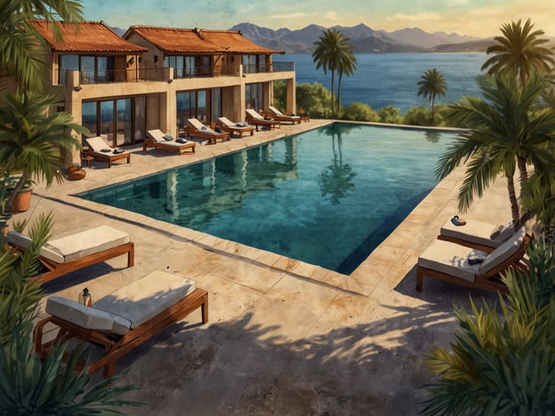 Auf dem Bild ist eine luxuriöse Unterkunft zu sehen, die sich vermutlich in einer paradiesischen Lage am Wasser befindet. Es gibt ein großzügiges Schwimmbad, Liegen zum Entspannen und eine schöne Aussicht auf das Meer und die Berge im Hintergrund.
Hier sind einige Unterkunftsmöglichkeiten, die zu dieser Umgebung passen könnten:
1. **Luxushotel**: Ein elegantes Hotel mit einem Wellnessbereich, verschiedenen Restaurants und einem umfassenden Service, ideal für einen entspannenden Urlaub.
2. **Villen**: Private Villen mit Zugang zum eigenen Pool und Meerblick, perfekt für Familien oder Gruppen, die Privatsphäre suchen.
3. **Boutique-Hotels**: Ein charmantes, kleineren Hotel, das individuell gestaltete Zimmer und personalisierten Service bietet.
4. **Ferienwohnungen**: Geräumige Apartments oder Ferienhäuser, die Selbstversorgermöglichkeiten bieten und oft in der Nähe von Stränden liegen.
5. **Campingplätze**: Für Naturliebhaber sind gut ausgestattete Campingplätze in Küstennähe eine tolle Option, um die Natur hautnah zu erleben.
Egal, für welche Option man sich entscheidet, diese Umgebung verspricht Erholung und Genuss.