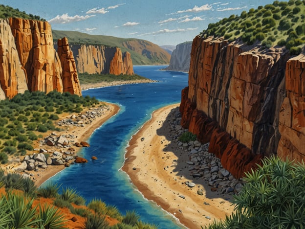 Auf dem Bild ist eine malerische Landschaft mit einem Fluss, der zwischen steilen Felsen fließt. In der Umgebung von Broome gibt es viele ähnliche Naturschönheiten, die man erkunden kann.
Hier sind einige Aktivitäten und Ausflüge in und um Broome, die diese atemberaubenden Landschaften widerspiegeln:
1. **Kraft und Schönheit des Horizontal Falls**: Eine Bootstour zu den Horizontal Falls bietet einen beeindruckenden Blick auf faszinierende Küstenlandschaften und Wasserfälle.
2. **Besuch der Cable Beach**: Hier kann man entspannen, schwimmen oder die berühmten Kamelritte am Strand genießen, besonders bei Sonnenuntergang.
3. **Wanderungen in den Kimberleys**: Die Region bietet zahlreiche Wandermöglichkeiten, um die spektakuläre Natur zu erleben und die majestätischen Felsen näher zu betrachten.
4. **Bootstouren zu den Inseln**: Erkunden Sie die umliegenden Inseln und genießen Sie die Tierwelt und die unberührte Natur.
5. **Die Dinosaurier-Fußabdrücke von Gantheaume Point**: Ein einzigartiges Erlebnis, bei dem man die Spuren aus der Urzeit direkt am Strand sehen kann.
Diese Aktivitäten ermöglichen es, die beeindruckenden Landschaften und die natürliche Schönheit rund um Broome zu entdecken.