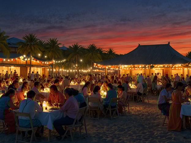 Auf dem Bild ist eine lebendige Strandszene bei Dämmerung zu sehen, in der viele Menschen an langen Tafeln sitzen, die mit Kerzen und Lichtern geschmückt sind. Die Atmosphäre wirkt festlich und einladend. Die Umgebung ist tropisch, mit Palmen und einem gestrickten Pavillon im Hintergrund.
Kulturelle Highlights könnten in dieser Szenerie örtliche Feste oder kulinarische Veranstaltungen sein, bei denen regionale Spezialitäten serviert werden. Diese Art von Abendessen könnte verschiedene Einflüsse der lokalen Küche widerspiegeln, vielleicht frische Meeresfrüchte, traditionelle Grillgerichte oder exotische Früchte. Solche Erlebnisse fördern nicht nur den Genuss des Essens, sondern auch den Austausch von Geschichten und Traditionen zwischen den Gästen. Das Zusammensein in dieser malerischen Kulisse unterstreicht die kulturelle Vielfalt und den gemeinschaftlichen Zusammenhalt.