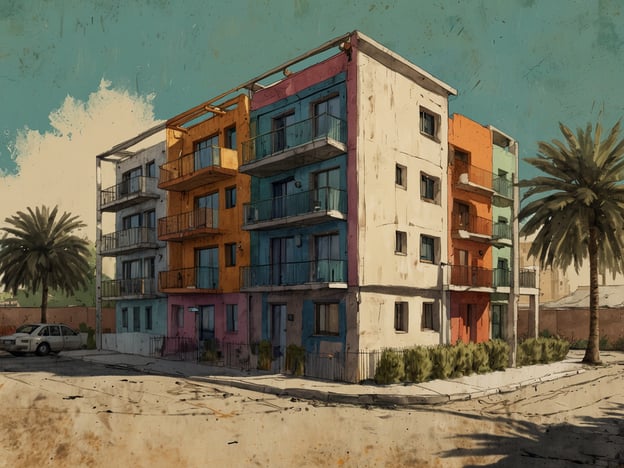 Auf dem Bild ist ein farbenfrohes Wohngebäude zu sehen, das mehrere Etagen hat. Die Fassade des Gebäudes ist in verschiedenen kräftigen Farben gestaltet, darunter Blau, Orange, Rosa und Weiß. Es gibt Balkone und Fenster, die zur Straße hin ausgerichtet sind, sowie einige Palmen, die dem Bild eine tropische Atmosphäre verleihen.Diese Art von Unterkunft könnte in Fremantle als eine moderne und attraktive Möglichkeit für Touristen oder Bewohner dienen, die die lebendige Umgebung und die Nähe zur Küste genießen möchten.