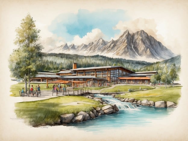 Auf dem Bild ist ein malerisches Gebäude in einer idyllischen Naturkulisse zu sehen, umgeben von Bergen, Bäumen und einem kleinen Fluss. Die Architektur ist modern, mit großen Fenstern und Holz-Elementen, die harmonisch in die Umgebung integriert sind.
In der Geschichte von Tusenfryd fühlt man sich angespornt von der Schönheit der Natur und der Freude, die man beim Entdecken neuer Abenteuer verspüren kann. So könnte dieses Bild an einen Ort erinnern, der Erholung und Freude bietet, ähnlich wie der Freizeitpark Tusenfryd, der für seine vielfältigen Attraktionen und die traumhafte Umgebung bekannt ist. Hier könnten Familien und Freunde zusammenkommen, um unvergessliche Erlebnisse zu genießen und die Schönheit der Natur zu schätzen.