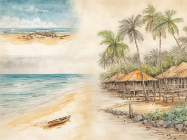 Eine malerische Ansicht der Küste des Elfenbeins zeigt einen ruhigen Strand mit sanften Wellen. Auf der linken Seite sind Steine sichtbar, die auf dem sandigen Ufer liegen, während der Himmel hell und wolkenlos ist. Rechts sieht man eine Ansammlung von traditionellen Hütten mit Strohdächern, umgeben von hohen Palmen. Einige Hütten stehen auf Stelzen am Wasser, und im Vordergrund liegt ein schmaler, hölzerner Kanu an den Strand gedrückt. Die gesamte Szene strahlt eine friedliche, tropische Atmosphäre aus.
