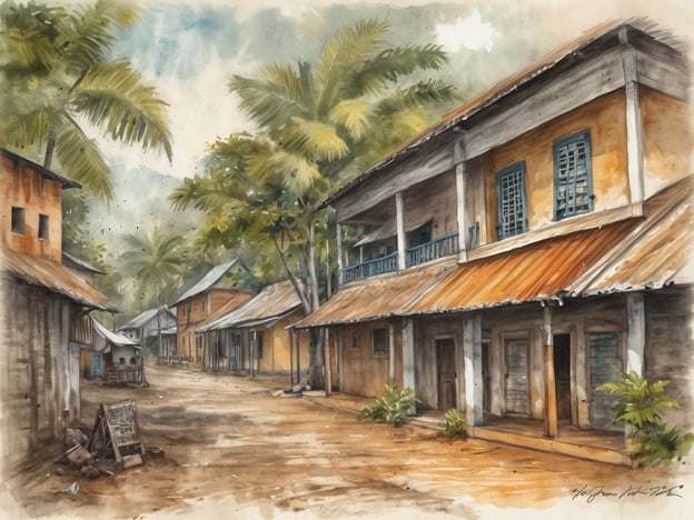 Eine ruhige Straßenansicht eines kleinen Dorfes in Liberia mit traditionellen Häusern. Die Gebäude sind aus Holz mit bunten Fassaden und Dachschindeln. Palmen und andere grüne Pflanzen säumen die Straße, die sanft gewellt und schmutzig erscheint. Am Ende der Straße sind einige Gebäude entfernt, während auf der linken Seite ein kleiner Stand steht. Der Himmel ist bewölkt, aber es gibt Licht, das durch die Wolken bricht, was eine friedliche Atmosphäre schafft.