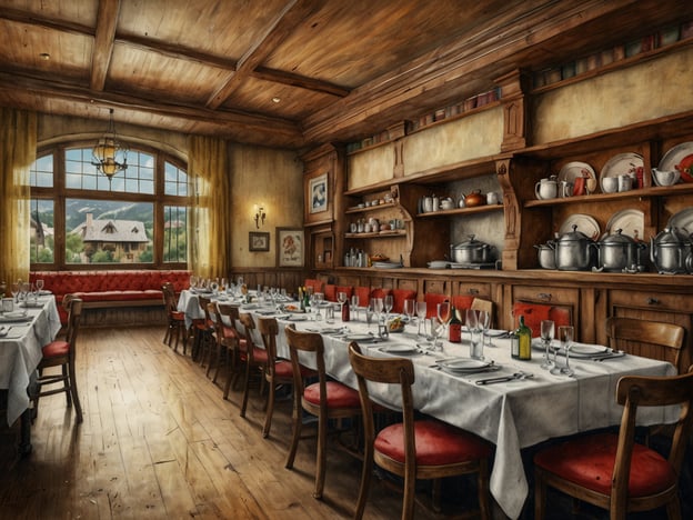 Auf dem Bild ist ein rustikales Restaurant mit Holzvertäfelung und einem einladenden Ambiente zu sehen. Die langen Tafeln sind stilvoll gedeckt, und große Fenster bieten einen Blick ins Freie. In Basel gibt es viele kulinarische Erlebnisse, die ähnlich einladend sind.Die Stadt ist bekannt für ihre vielfältige Gastronomie, von traditionellen Gerichten wie Basler Läckerli und Älplermagronen bis hin zu feinen Restaurants, die internationale Küche anbieten. Lokale Spezialitäten können in gemütlichen Wirtshäusern oder eleganten Restaurantküchen genossen werden. Auch die Weinszene in Basel ist bemerkenswert, mit hervorragenden Weinen aus der Region.
