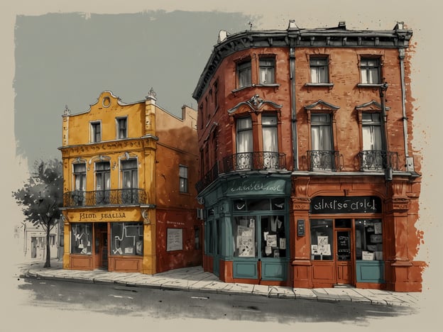 Auf dem Bild sind zwei historische Gebäude zu sehen, die in einem stilisierten, illustrativen Stil dargestellt sind. Die Farben sind lebhaft, mit einem gelben und einem roten Gebäude, die jeweils Fenster und Balkone aufweisen. Diese Art von Architektur könnte gut zu den malerischen Straßen von Basel passen, wo man auch viele charmante Geschäfte findet.In Basel gibt es ein lebendiges Shoppingangebot, besonders in der Altstadt, wo kleine Boutiquen und lokale Designer einen einzigartigen Einkaufserlebnis bieten. Das Nachtleben in Basel ist ebenfalls abwechslungsreich, mit zahlreichen Bars, Clubs und kulturellen Veranstaltungen, die man in der Nähe solcher historischen Gebäude genießen kann.