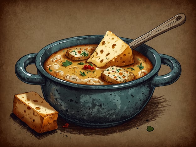 Auf dem Bild ist ein herzhaftes Käsegericht zu sehen, das in einem großen, rustikalen Topf serviert wird. Es könnte sich um eine würzige Käsesuppe oder ein Fondue handeln, das typisch für die Alpenregion ist, wo Käse eine zentrale Rolle in der regionalen Küche spielt.Die Zugabe von frischen Kräutern und verschiedenen Käsestücken deutet auf die Verwendung hochwertiger, regionaler Produkte hin. Diese Art von Gerichten wird oft in geselliger Runde genossen und ist besonders in den Wintermonaten beliebt, wenn man sich nach etwas Warmem und Deftigem sehnt.Gerichte wie Käsefondue oder Käsekrainer sind zum Beispiel beliebte kulinarische Highlights in der Schweiz und in Österreich und symbolisieren die herzliche Gastfreundschaft dieser Regionen.