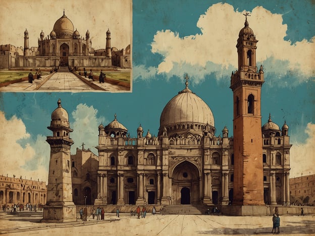 Auf dem Bild sind zwei bedeutende architektonische Strukturen zu sehen, die möglicherweise an berühmte Bauwerke angelehnt sind. Im oberen Teil des Bildes ähnelt das monumentale Gebäude dem Taj Mahal in Indien, ein Meisterwerk der Mogul-Architektur, das für seine symmetrische Schönheit und symbolische Bedeutung für die Liebe bekannt ist. Das Taj Mahal wurde im 17. Jahrhundert von Shah Jahan als Mausoleum für seine verstorbene Frau Mumtaz Mahal erbaut und ist heute ein UNESCO-Weltkulturerbe.Im unteren Teil des Bildes sieht man eine andere beeindruckende Struktur, die an eine Mischung aus verschiedenen architektonischen Stilen erinnert, möglicherweise romanisch und maurisch. Diese könnte historische Einflüsse aus verschiedenen Kulturen darstellen, die über Jahrhunderte hinweg in Regionen wie Nordafrika und dem Nahen Osten miteinander verwoben wurden.Insgesamt spiegelt das Bild die Vielfalt und den Einfluss verschiedener Kulturen und Epochen in der Architektur wider, sowie deren Rolle in der Geschichte und im Erbe der Menschheit.