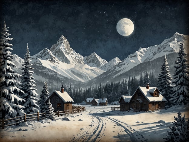 Auf dem Bild ist eine winterliche Landschaft zu sehen. Es zeigt schneebedeckte Berge, Nadelbäume und mehrere Holzhäuser, die in einer verschneiten Umgebung liegen. Der Mond leuchtet am Nachthimmel und verleiht der Szene eine romantische Atmosphäre.**Die beste Zeit, um nach Davos zu reisen**, ist typischerweise im Winter, wenn die Skisaison in vollem Gange ist und die schneebedeckten Berge die ideale Kulisse für Wintersportarten bieten. Dies zieht viele Touristen an, die die atemberaubende Landschaft und die Aktivitäten genießen möchten.