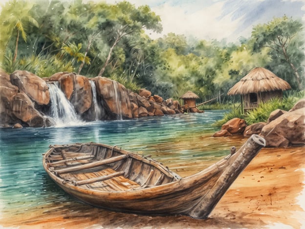 Ein traditionelles, hölzernes Boot liegt am Ufer eines klaren Gewässers, umgeben von üppiger, grüner Vegetation. Im Hintergrund sind sanfte, steinige Wasserfälle zu sehen, die in das ruhige Wasser plätschern. Auf der anderen Seite des Wassers stehen einige einfache, strohgedeckte Hütten, die in die natürliche Landschaft eingebettet sind. Die Szene strahlt Ruhe und naturnahe Lebensweise aus, ideal für eine Erfahrung in Uganda.