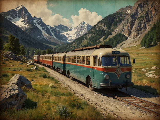 Auf dem Bild ist ein historischer Zug oder eine Straßenbahn zu sehen, die durch eine malerische, bergige Landschaft fährt, umgeben von Bergen und grünen Wiesen.Die beste Reisezeit für deinen Urlaub im Wallis ist zwischen Mai und Oktober, wenn das Wetter angenehm ist und man die atemberaubende Natur in vollem Umfang genießen kann. Im Sommer sind die Temperaturen mild, ideal zum Wandern und für Outdoor-Aktivitäten.