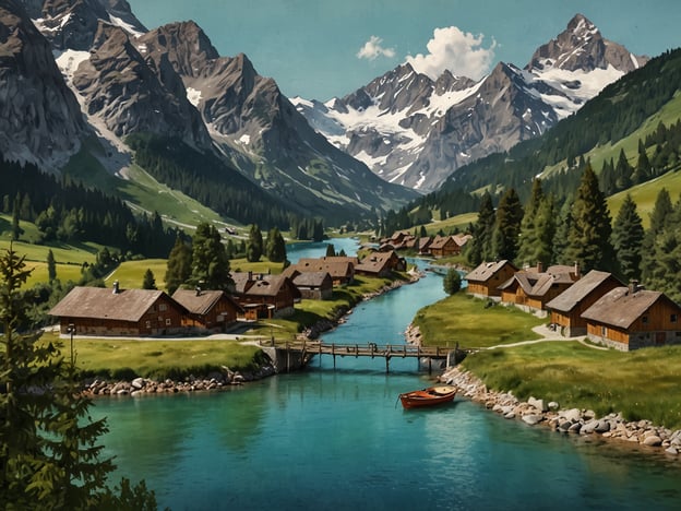 Auf dem Bild sieht man eine malerische Landschaft, die an das Wallis erinnert. Die hügelige Umgebung mit majestätischen Bergen im Hintergrund könnte den berühmten Gebirgen wie den Alpen sehr ähnlich sein. Im Vordergrund fließt ein klarer, blauer Fluss, der von einer kleinen Holzbrücke überspannt wird.Diese Szenerie spiegelt typische Aktivitäten im Wallis wider, wie Wandern in den Alpen, Radfahren entlang der Flüsse oder das Entspannen in der Natur. Die idyllischen Holzhäuser deuten auf traditionelle alpine Architektur hin, was in vielen Dörfern des Wallis zu finden ist. Zudem könnte man hier Aktivitäten wie Fischen oder Bootfahren auf dem ruhigen Wasser unternehmen.
