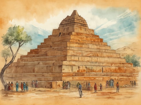 Eine beeindruckende Pyramide steht im Mittelpunkt des Bildes, umgeben von einer sandfarbenen Landschaft. Die Pyramide hat mehrere Stufen und eine markante Spitze, die in den Himmel ragt. Einige Menschen sind zu Fuß unterwegs und gruppieren sich an der Basis der Pyramide, darunter Männer, Frauen und Kinder in traditionellen Kleidungsstücken. Links im Bild ist ein Baum zu sehen, der Schatten spendet, während sich im Hintergrund eine sanfte Hügel- oder Berglandschaft erstreckt. Der Himmel ist blau mit sanften Wolken, die dem Gesamtbild eine friedliche Atmosphäre verleihen.