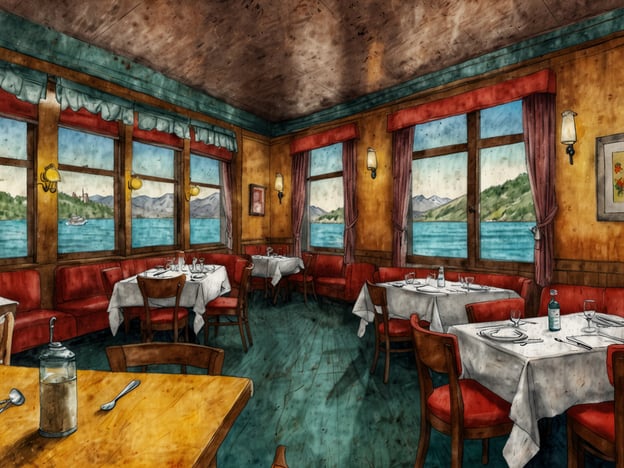 Auf dem Bild ist ein gemütliches Restaurant zu sehen, das Blick auf einen See bietet. Die Einrichtung ist rustikal, mit Tischen und Stühlen, die zum Verweilen einladen. Die Fenster lassen viel Licht herein und bieten einen malerischen Ausblick auf die Landschaft.In Lugano könnten Sie kulinarische Genüsse wie frische Fischgerichte vom Lago di Lugano, Risotto mit Pilzen oder die berühmte Tessiner Polenta genießen. Zudem sind die lokalen Weine und Dessert-Spezialitäten, wie Torta di pane, ebenfalls empfehlenswert.