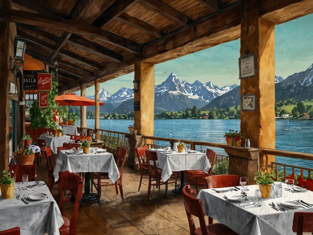 Auf dem Bild ist ein malerisches Restaurant mit einer Terrasse zu sehen, die einen atemberaubenden Blick auf einen See und die umliegenden Berge bietet. Die Tische sind schön gedeckt und umgeben von Pflanzen, was an ein einladendes kulinarisches Erlebnis erinnert.
In Locarno, wo die Landschaft ähnlich reizvoll ist, gibt es viele kulinarische Highlights. Zum Beispiel kann man frische Tessiner Spezialitäten wie Risotto, Polenta oder den berühmten Merlot genießen. Auch die lokale Gelassenheit bei einem Aperitif mit Blick auf den Lago Maggiore ist ein unvergessliches Erlebnis. In den Restaurants werden oft Zutaten aus der Region verwendet, was den Genuss der Speisen zusätzlich verstärkt.