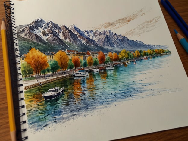 Auf dem Bild ist eine malerische Landschaft zu sehen, die eine malerische Uferpromenade mit Bäumen in herbstlichen Farben, ein ruhiges Gewässer und eine Bergkulisse darstellt. Es sieht aus wie eine Aquarellzeichnung von Montreux oder einer ähnlichen Gegend am Genfersee.
Die besten Zeiträume für Flüge nach Montreux sind in der Regel im Frühling (April bis Juni) und im Herbst (September bis Oktober), wenn das Wetter mild ist und viele Veranstaltungen stattfinden. Diese Zeiten bieten auch die Möglichkeit, die schönen Farben der Natur zu genießen und weniger Touristen anzutreffen.