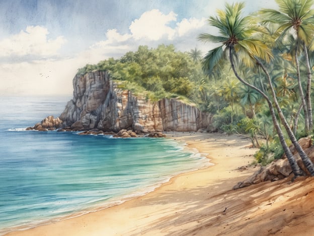 Ein paradiesischer Strand in Mosambik mit goldenem Sand und glitzerndem, blaugrünem Wasser. Im Hintergrund erheben sich majestätische Klippen, die von üppiger Vegetation und Palmen umgeben sind. Der Himmel ist klar mit einigen sanften Wolken, die eine entspannende Atmosphäre schaffen. Die gesamte Szenerie vermittelt ein Gefühl von Ruhe und natürlichen Schönheit, ideal für einen traumhaften Urlaub.