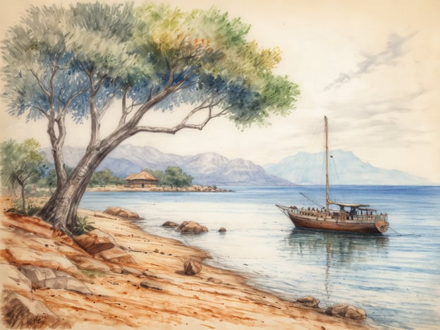 Eine malerische Landschaft am Malawisee mit einem ruhigen Ufer. Im Vordergrund ist ein sandiger Strand mit einigen runden Steinen und einem großen Baum, dessen Ausläufer ins Bild ragen. Auf dem Wasser liegt ein traditionelles Holzboot, das an einer leichten Welle schaukelt. Im Hintergrund sind sanfte Hügel und weitere Bäume zu sehen, während der Himmel leicht bewölkt ist. Die Szenerie strahlt eine friedliche und einladende Atmosphäre aus.
