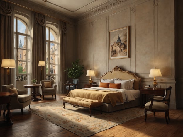 Auf dem Bild ist ein elegantes Schlafzimmer zu sehen, das eine gemütliche und stilvolle Atmosphäre vermittelt. Es gibt ein großes Bett mit ansprechender Bettwäsche und mehreren Kissen. Neben dem Bett stehen Nachttische mit Lampen.Die Fenster lassen viel Tageslicht herein und bieten einen Blick auf eine Außenansicht, die eine architektonisch interessante Kulisse zeigt. Auf dem Boden liegt ein schöner Teppich, der dem Raum zusätzliche Wärme verleiht. Es gibt bequeme Sessel und einen Tisch, ideal für entspannende Stunden oder um einen Drink zu genießen.Für Unterkünfte gibt es für jeden Geschmack etwas:1. **Luxuriöses Hotel**: Für Reisende, die Komfort und erstklassigen Service suchen.2. **Boutique-Hotel**: Perfekt für diejenigen, die individuelle Designs und persönlichen Charme bevorzugen.3. **Ferienwohnung**: Ideal für Familien oder Gruppen, die mehr Platz und eine heimische Atmosphäre wünschen.4. **Ökologisches Hotel**: Für umweltbewusste Gäste, die nachhaltigen Urlaub schätzen.5. **Hostel**: Eine budgetfreundliche Option für junge Reisende oder Backpacker, die neue Leute kennenlernen möchten.Jede dieser Optionen bietet vielfältige Annehmlichkeiten, die den Bedürfnissen der Gäste gerecht werden.
