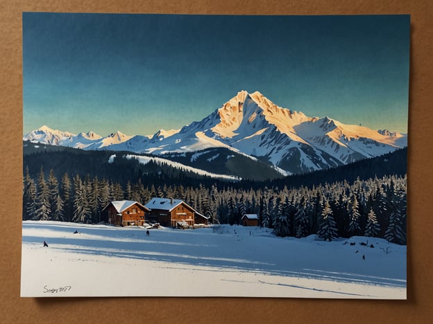 Auf dem Bild sieht man eine winterliche Berglandschaft mit schneebedeckten Gipfeln und einer ruhigen, verschneiten Ebene. Im Vordergrund befinden sich einige Holzhäuser, umgeben von Tannenbäumen.Die ideale Reisezeit für solch eine Landschaft ist typischerweise von Dezember bis Februar, wenn die Schneeverhältnisse am besten sind. Die Wetterbedingungen sind meist kalt und sonnig, perfekt für Wintersportarten wie Skifahren oder Snowboarden. Diese Atmosphäre lädt auch zu gemütlichen Spaziergängen in der verschneiten Natur ein.