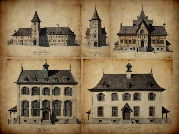 Auf dem Bild sind verschiedene architektonische Zeichnungen historischer Gebäude zu sehen. Diese Illustrationen zeigen eine Vielfalt an Stilen, die häufig in alten europäischen Städten zu finden sind, mit markanten Merkmalen wie hohen Türmen, großzügigen Fensteröffnungen und prächtigen Eingangsbereichen.1. **Oben links**: Das Gebäude hat einen hohen Turm, möglicherweise eine historische Uhr oder ein Rathaus, das oft als Zentrum des gesellschaftlichen Lebens diente.2. **Oben rechts**: Hier sieht man ein Fachwerkhaus, typisch für die deutsche Architektur, das oft in Städten und Dörfern des Mittelalters zu finden war.3. **Unten links**: Das beeindruckende mehrstöckige Gebäude könnte ein ehemaliges Hotel oder eine Schule sein, errichtet in einer Zeit, als sich Bildung und Erziehung stärker verwurzelten.4. **Unten rechts**: Mit seinem markanten Eingang und den hohen Fenstern vermittelt dieses Gebäude den Eindruck eines alten Herrenhauses oder einer Kapelle, welches oft mit dem adeligen Leben des 18. und 19. Jahrhunderts in Verbindung gebracht wird.Diese Zeichnungen repräsentieren nicht nur architektonische Schönheit, sondern auch kulturelle Highlights und das historische Erbe der Region, in der sie sich befinden. Sie sind Zeugen vergangener Epochen, in denen Architektur eine wichtige Rolle im Alltagsleben spielte.