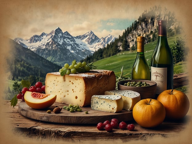 Auf dem Bild sind eine Vielzahl von kulinarischen Köstlichkeiten und regionalen Spezialitäten zu sehen. Im Vordergrund befindet sich ein großer Käselaib, wahrscheinlich ein typischer Käse aus einer Alpenregion, umgeben von frischem Obst wie Trauben und Zitrusfrüchten. Neben dem Käse sind auch verschiedene Sorten wie Blauschimmelkäse präsentiert.Darüber hinaus stehen zwei Flaschen Wein, möglicherweise regionale Weine aus einem Gebirgsanbaugebiet, und eine Schüssel mit grünen Erbsen auf einem rustikalen Holzbrett. Die idyllische Berglandschaft im Hintergrund verstärkt den regionalen Charakter und vermittelt das Gefühl von frischen, handwerklichen Produkten aus der Umgebung.