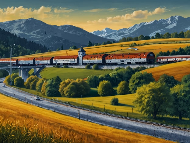 Auf dem Bild ist eine malerische Landschaft mit einem Zug zu sehen, der über eine Brücke fährt. Im Hintergrund erheben sich Berge, umgeben von grünen Wiesen und Feldern in warmen Gelbtönen.**Beste Reisezeit:** Die beste Zeit für einen Besuch in solchen ländlichen Regionen ist oft im späten Frühling oder Herbst, wenn das Wetter angenehm und die Landschaft besonders schön ist.**Anreise:** Man kann die Region gut mit dem Zug erreichen, was auch einen Blick auf die beeindruckende Landschaft ermöglicht. Alternativ ist die Anreise mit dem Auto ebenfalls möglich, da Straßen gut ausgebaut sind.
