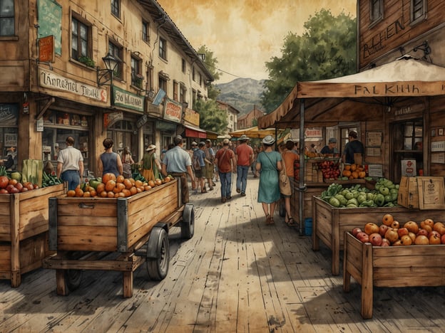 Auf dem Bild ist ein lebhafter Markt zu sehen, der mit holzernen Warenständen und vielen Menschen belebt ist. An den Ständen werden frisches Obst und Gemüse angeboten, was auf kulinarische Erlebnisse hinweist. Die bunten Früchte, insbesondere die Orangen und Äpfel, zeugen von einer regionalen und saisonalen Küche, die in vielen gastronomischen Traditionen geschätzt wird.Die Umgebung des Marktes impliziert eine starke Weinkultur, da solche Märkte oft in Weinregionen anzutreffen sind, wo lokale Weingüter ihre Produkte anbieten. Die Besucher könnten nicht nur frische Lebensmittel, sondern auch gute Weine entdecken, die perfekt zu den landestypischen Gerichten passen. Solche Märkte fördern die Gemeinschaft und ermöglichen den Austausch über gastronomische Köstlichkeiten und die Kunst des Weingenusses.