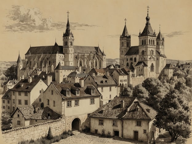Auf dem Bild ist eine historische Stadtansicht zu sehen, die durch mittelalterliche Architektur geprägt ist. Im Vordergrund erkennt man eine Gruppe von altmodischen Häusern, die auf einem sanften Hang errichtet sind. Im Hintergrund dominiert eine beeindruckende Kirche oder Kathedrale mit hohen Türmen und spitzen Dächern, die typischerweise für gotische oder romanische Bauweisen sind.Die Stadt könnte ein bedeutender Kulturschatz sein, der für seine Baukunst und Geschichte bekannt ist. Solche Städte waren oft Zentren für Handel, Religion und Kultur im Mittelalter und ziehen heute Touristen an, die sich für geschichtsträchtige Orte interessieren.
