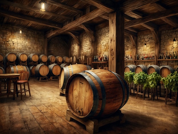 Auf dem Bild ist eine traditionelle Weinkellerei zu sehen, die für ihre rustikale Holzarchitektur und die Lagerung von Weinfässern bekannt ist. Solche Weinkeller sind oft in renommierten Weinregionen wie dem Bordeaux in Frankreich oder dem Rheingau in Deutschland zu finden.Die Kulinarik in diesen Regionen ist ebenso reichhaltig: Dazu gehören exquisite Speisen, die hervorragend mit den lokalen Weinen harmonieren, wie zum Beispiel ein saftiges Rindersteak im Bordeaux oder frischer Fisch mit einem eleganten Riesling im Rheingau. Die Kombination aus edlen Weinen und regionalen Spezialitäten macht diese Orte zu einem Paradies für Gourmets und Weinliebhaber.
