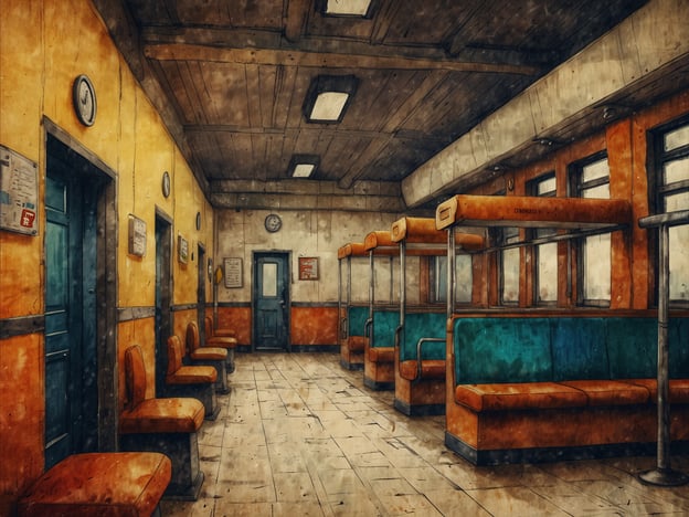 Auf dem Bild ist eine leere Wartehalle oder ein Warteraum zu sehen, der in einem eher nostalgischen, gezeichneten Stil dargestellt ist. Die Wände sind gelb und orange, und es gibt Sitzgelegenheiten sowie Uhren und Informationsschilder an den Wänden.
**Praktische Tipps für Deine Reise:**
1. **Wartezeiten nutzen**: Nutze die Zeit im Warteraum, um deine Reisepläne zu überprüfen oder deine nächsten Schritte zu organisieren. Plane im Voraus, um Stress zu vermeiden.
2. **Unterhaltung mitnehmen**: Bring ein Buch, eine Zeitschrift oder Musik mit, um die Zeit angenehm zu überbrücken.
3. **Snacks und Getränke**: Halte Snacks und Wasser bereit, besonders wenn du eine längere Wartezeit erwartest.
4. **Ruhe bewahren**: Wenn der Warteraum voll ist, finde einen ruhigen Platz, um zu entspannen. Atemübungen können helfen, die Wartezeit angenehmer zu gestalten.
5. **Informationen einholen**: Schau dir die Anzeigetafeln oder Informationsschilder an, um den Überblick über Abfahrtszeiten und Anschlüsse zu behalten.