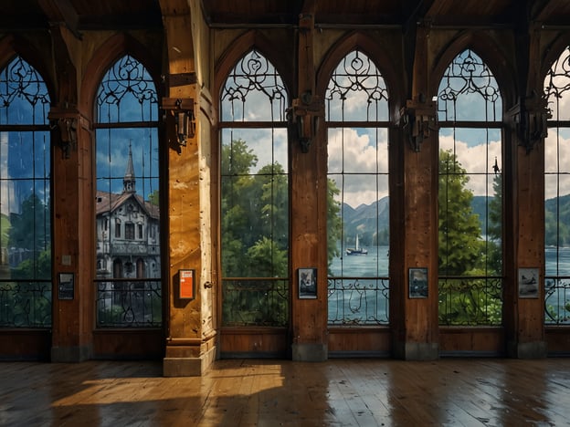 Auf dem Bild ist eine großzügige Fensterfront zu sehen, die einen Blick auf eine malerische Landschaft bietet. Im Hintergrund erkennt man ein schönes historisches Gebäude mit einem spitzen Turm, das von grünem Wald umgeben ist. Draußen am Wasser ist ein Segelboot zu sehen, was auf Freizeitaktivitäten wie Segeln oder Bootfahren hinweist. Die Holzvertäfelung im Raum verleiht ihm eine gemütliche, rustikale Atmosphäre.Solche Sehenswürdigkeiten könnten für Touristen attraktiv sein, die gern die Natur erkunden, historische Architektur bewundern und Wassersport betreiben möchten. Möglicherweise handelt es sich um einen Ort am See, wo man Wandern, Picknicken oder einfach die Aussicht genießen kann.