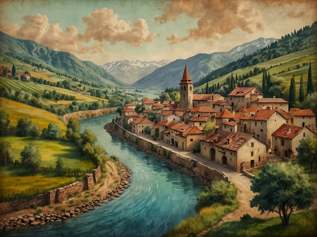 Das Bild zeigt eine idyllische Landschaft mit einem ruhigen Fluss, der sich durch eine malerische Szenerie schlängelt. Auf der linken Seite sind sanfte Hügel mit üppigem Grün und Weinbergen zu sehen. Im Vordergrund ist eine Steinmauer zu erkennen, die am Ufer des Flusses verläuft.
Auf der rechten Seite befinden sich ein kleiner Ort mit traditioneller Architektur, charakteristischen Häusern mit roten Dächern und einem markanten Kirchturm, der ins Auge fällt. Im Hintergrund erheben sich majestätische Berge, die die Landschaft umrahmen und ein Gefühl von Ruhe und Abgeschiedenheit vermitteln.
Diese Art von Szenario erinnert an die Wachau, eine UNESCO-Weltkulturerbe-Region in Österreich, die für ihre Weinproduktion, schönen Flüsse und charmanten Dörfer bekannt ist. Die Wachau bietet eine bemerkenswerte Mischung aus Natur und Kultur, die zahlreiche Besucher anzieht.
