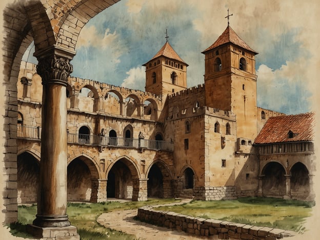 Das Bild zeigt eine historischen Stätte mit einem beeindruckenden Architekturensemble, das möglicherweise ein Kloster oder eine Burg darstellt. Die hohen Türme und das ausgeklügelte Mauerwerk sind charakteristisch für die romanische oder gotische Architektur. Die Arkaden und Säulen im Vordergrund deuten darauf hin, dass es sich um einen Innenhof handelt, der zur Erbauungszeit eine zentrale Rolle im Alltag der Bewohner spielte.
Die gesamte Szenerie strahlt eine ruhige, fast mystische Atmosphäre aus und lässt auf eine reiche Geschichte schließen, die mit religiösem oder militärischem Leben verbunden sein könnte. Solche Kulturschätze sind wichtige Zeugen vergangener Epochen und tragen zur Erhaltung des kulturellen Erbes bei.