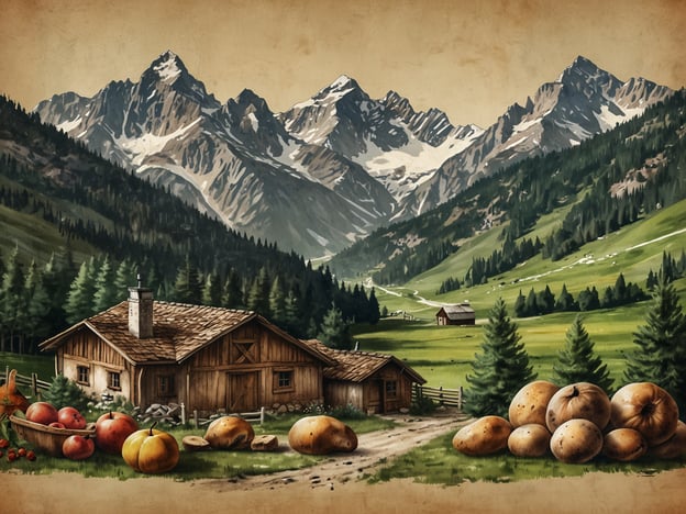 Auf dem Bild ist eine idyllische alpine Landschaft zu sehen, geprägt von majestätischen Bergen im Hintergrund und saftigem Grün im Vordergrund. Im Vordergrund sind verschiedene kulinarische Genüsse angeordnet, darunter Äpfel, Birnen und Kartoffeln, die typisch für die alpine Küche sind. Diese Region ist bekannt für ihre frischen, regionalen Zutaten, die in traditionellen Gerichten verwendet werden.
Die rustikale Holzhütte und die gemütliche Atmosphäre laden dazu ein, die köstlichen, herzhaften Spezialitäten der alpinen Küche zu entdecken, wie etwa Käse, Speck und Kartoffelgerichte, die oft von den lokal angebauten Früchten begleitet werden. Die Kombination aus Natur und Kulinarik schafft ein harmonisches Erlebnis, das die Seele der Alpen widerspiegelt.
