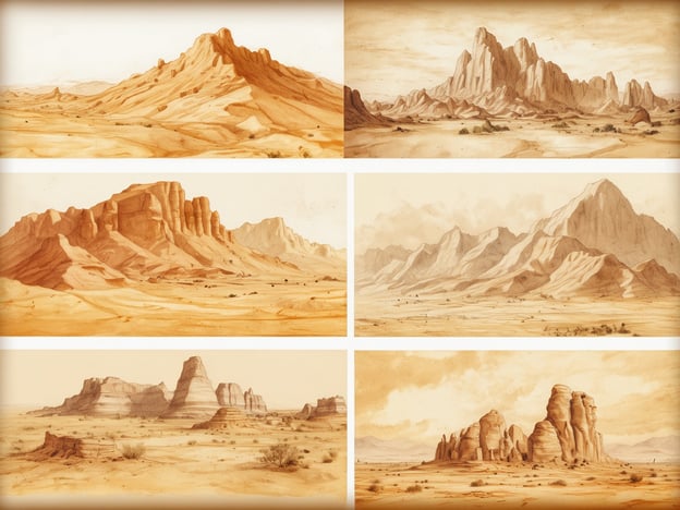 Das Bild zeigt eine Zusammenstellung von landschaftlichen Darstellungen aus Saudi-Arabien, bestehend aus majestätischen Gebirgen und weiten Wüstenlandschaften. In den verschiedenen Abschnitten des Bildes sind sanfte Hügel und markante Felsformationen zu sehen, die in sanften Erdtönen gehalten sind. Die Farben variieren von hellen Sand- bis zu dunkleren Ocker-Tönen, die die trockene Umgebung und das karge Terrain der Region widerspiegeln. Gelegentlich sind kleine Vegetationen oder Sträucher im Vordergrund zu erkennen, die die Weite der Landschaft betonen.