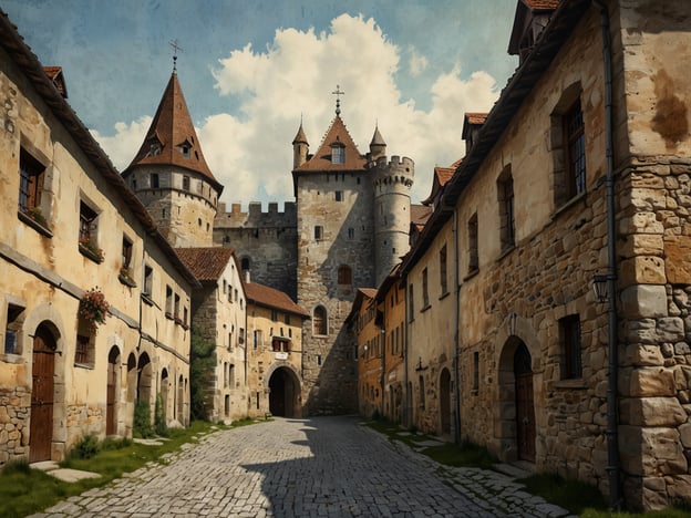 Auf dem Bild ist eine malerische, historische Szenerie zu sehen, die an eine mittelalterliche Stadt erinnert, mit steinernen Gebäuden, Türmen und einer gepflasterten Straße. In Villach, Österreich, gibt es ebenfalls viele kulturelle und historische Highlights.Eine der bekanntesten Sehenswürdigkeiten ist die Stadtpfarrkirche zum Heiligen Jakob, die im gotischen Stil errichtet wurde und beeindruckende Fresken besitzt. Auch die Altstadt von Villach mit ihren charmanten, engen Gassen spiegelt die Geschichte der Stadt wider.Besonders faszinierend ist das Stadtmuseum, das die Geschichte der Region dokumentiert, sowie das historische Rathaus, dessen Bau bis ins 16. Jahrhundert zurückreicht. Zudem ist Villach für die umliegende Natur bekannt, einschließlich der wunderschönen Gebirgslandschaften, die zahlreiche Freizeitmöglichkeiten bieten.