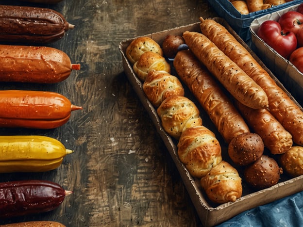 Auf dem Bild sind verschiedene kulinarische Erlebnisse zu sehen. Im Vordergrund befinden sich bunte Würstchen in verschiedenen Farben, die an eine Grillparty oder einen Marktbesuch erinnern. Diese könnten als Leckerbissen für ein Barbecue oder einen Straßenimbiss dienen.Rechts sind verschiedene Brotsorten und Brötchen arrangiert, die frisch gebacken aussehen. Diese könnten perfekt für einen Snack oder als Beilage zu den Würstchen dienen. Die Kombination aus bunten Würstchen und krossen Brötchen verspricht ein köstliches Geschmackserlebnis. Am oberen Rand sind sogar einige frische Tomaten zu entdecken, die eine frische Komponente ins Spiel bringen.