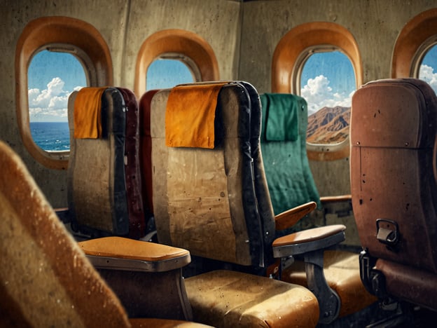 Auf dem Bild sind mehrere Flugzeugsitze in einem Passagierflugzeug zu sehen, umgeben von Fenstern, die den Blick auf das Meer und die Berge ermöglichen. Die Sitze wirken abgenutzt und zeigen unterschiedliche Farben, was an eine ältere Generation von Flugzeugen denken lässt.Im Vergleich zu modernen Fluggesellschaften, die Wert auf Komfort und frische Designs legen, erinnern diese Sitze eher an eine Zeit, als das Fliegen weniger standardisiert und die Innenräume weniger auf das Passagiererlebnis ausgerichtet waren. Zum Beispiel sind Airlines wie Emirates oder Singapore Airlines bekannt für ihre luxuriösen Sitzmöglichkeiten und modernen Kabinendesigns, während diese Sitze an die Nostalgie und Einfachheit einer früheren Ära erinnern.