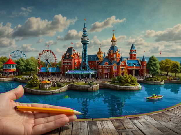 Auf dem Bild ist eine lebendige Freizeitpark-Szene zu sehen. Es gibt Fahrgeschäfte wie ein Riesenrad und eine Achterbahn, die Spaß für die ganze Familie bieten. Die Menschen im Bild scheinen verschiedene Aktivitäten zu genießen, wie zum Beispiel:1. **Fahrgeschäfte**: Familien können zusammen Achterbahn fahren oder das Riesenrad ausprobieren.2. **Spaziergänge**: Man kann am Wasser entlang spazieren und die Aussicht genießen.3. **Picknick**: Es gibt Picknickbereiche, wo Familien eine Pause machen und Snacks genießen können.4. **Bootsfahrt**: Auf dem Wasser sieht man ein kleines Boot, was eine entspannende Fahrt für die Familie darstellen könnte.5. **Fotos machen**: Es gibt viele malerische Stellen, um Erinnerungsfotos zu schießen.Der Freizeitpark bietet eine Atmosphäre voller Spaß und Abenteuer für alle Altersgruppen.