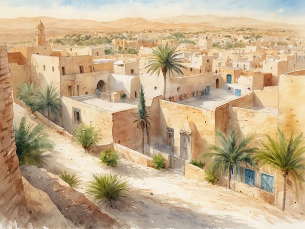 Ein malerisches Panorama eines traditionellen tunesischen Dorfes, das von der Wüste umgeben ist. Die Ansicht zeigt sandfarbenen Lehmhäuser mit blauen Fensterläden und Terrassen, die von grünen Palmen und anderen Pflanzen umgeben sind. Im Hintergrund heben sich sanfte Hügel und die Wüstenlandschaft gegen einen klaren Himmel ab. Der Anblick vermittelt einen Eindruck von der ruhigen, kulturellen Atmosphäre Tunesiens, jenseits des typischen Strandurlaubs.