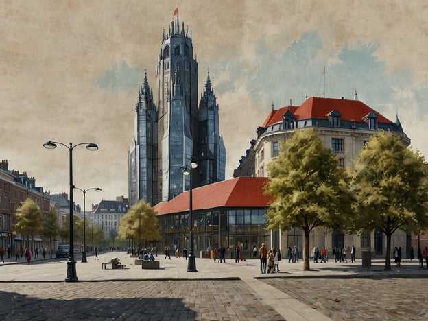 Auf dem Bild ist eine moderne Stadtansicht zu sehen, die möglicherweise Anklänge an Maastricht haben könnte. Die markanten Gebäude mit ihren spitzen Türmen und dem auffälligen roten Dach könnten an die Kombination aus historischer und zeitgenössischer Architektur in Maastricht erinnern.Sehenswürdigkeiten, die in Maastricht zu finden sind, umfassen die St. Servatius Basilika, das Bonnefantenmuseum und den Vrijthof. Die lebendige Stadtatmosphäre und die Mischung aus alten und neuen Bauwerken sind charakteristisch für diesen Ort.