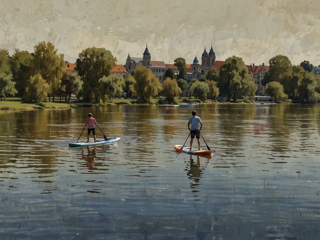 Auf dem Bild sind zwei Personen zu sehen, die auf Stand-Up-Paddleboards auf einem ruhigen Gewässer paddeln. Diese Aktivität ist in Maastricht besonders beliebt, da die Stadt von schönen Flüssen und Seen umgeben ist.In Maastricht gibt es viele Möglichkeiten für Wassersport, und Stand-Up-Paddling ist eine großartige Möglichkeit, die Natur zu genießen und aktiv zu sein. Neben dem Paddeln kann man auch Bootstouren unternehmen oder einfach an den Ufern entspannen und die malerische Landschaft der Stadt genießen. Zudem bieten viele lokale Anbieter Kurse und Ausrüstungsverleih an, um Anfängern den Einstieg zu erleichtern.