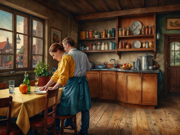Auf dem Bild ist eine gemütliche Küche zu sehen, in der zwei Personen beschäftigt sind. Die Atmosphäre wirkt einladend und warm, mit Holzregalen voller Vorräte und einer großen Fensterfront, die Licht hereinlässt. Diese Szene könnte den idealen Hintergrund für kulinarische Erlebnisse in Groningen bieten, wo lokale Zutaten und traditionelle Rezepte oft im Mittelpunkt stehen.In Groningen gibt es viele Möglichkeiten, die regionale Küche zu entdecken. Die Stadt ist bekannt für ihre hochwertigen Produkte, wie zum Beispiel die Groninger Käse oder die köstlichen Kartoffelspezialitäten. Märkte und gastronomische Veranstaltungen bieten Gelegenheiten, sich mit lokalen Köchen auszutauschen und authentische Gerichte zu probieren, was die kulinarische Szene der Stadt lebendig macht.