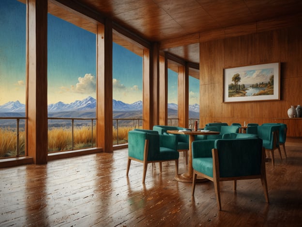 Auf dem Bild ist ein moderner Raum mit großen Fenstern zu sehen, durch die man auf eine beeindruckende Berglandschaft blickt. Die Einrichtung besteht aus mehreren gemütlichen, türkisfarbenen Stühlen und einem Tisch aus Holz. An der Wand hängt ein Malerei, die eine natürliche Szene darstellt, was dem Raum eine einladende Atmosphäre verleiht.Die ideale Zeit für die Buchung: Um die besten Flugpreise zu erzielen, sind meist die Buchungszeiten drei bis sechs Monate im Voraus ideal. Auch das Fliegen an Wochentagen, wie Dienstag oder Mittwoch, kann oft günstiger sein.