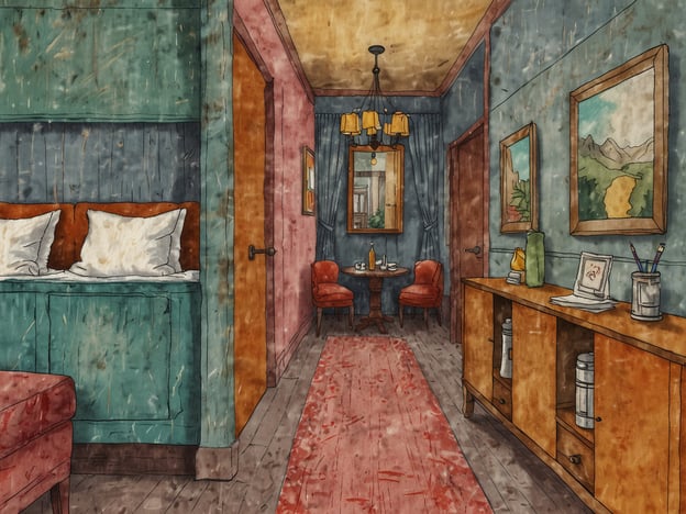 Auf dem Bild ist eine stilisierte Darstellung eines hotelähnlichen Zimmers zu sehen, das mit einem gemütlichen Interieur, farbigen Wänden und einem Teppich gestaltet ist.In Brüssel gibt es viele attraktive Unterkunftsmöglichkeiten, die ähnlich ansprechend sein könnten, wie zum Beispiel:1. **Hotel Amano Grand Central** – Ein modernes Hotel mit viel Charme und guten Annehmlichkeiten.2. **The Dominican** – Ein elegantes Boutique-Hotel im Herzen von Brüssel, das Komfort und Stil vereint.3. **Radisson RED Brussels** – Ein trendiges Hotel mit einem kreativen Design und einem lebhaften Ambiente.Jede dieser Optionen bietet eine angenehme Unterkunft und ist ideal für Reisende, die die Stadt erkunden möchten.