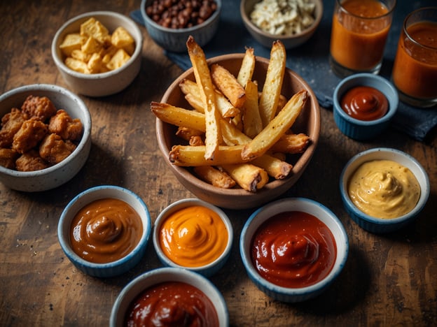 Auf dem Bild sind verschiedene kulinarische Highlights zu sehen. In der Mitte befinden sich knusprige Pommes Frites, die in einer Schüssel angerichtet sind. Um die Pommes herum sind mehrere Schälchen mit verschiedenen Saucen platziert, darunter:- Ketchup- Senf- eine orangefarbene Sauce, möglicherweise eine süß-scharfe oder Currysauce- eine braune Sauce, vermutlich eine BBQ- oder eine spezielle Dip-SauceZusätzlich sind in kleinen Schalen einige Snack-Items wie frittierte Hähnchenstücke und knusprige Chips zu sehen. Im Hintergrund stehen auch einige Gläser mit einer orangefarbenen Flüssigkeit, die einen erfrischenden Drink darstellen könnten. Dieses Arrangement lädt zu einem geselligen Snack-Abend ein!