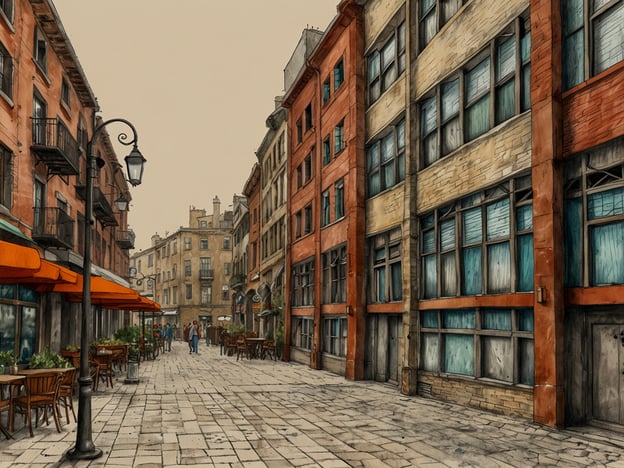 Auf dem Bild ist eine malerische Straße zu sehen, die den Charme historischer Architektur mit modernen Elementen verbindet. Die steinernen Gebäude auf beiden Seiten wirken zeitlos, während die großen Fenster und klaren Linien der modernen Fassaden einen frischen, zeitgenössischen Akzent setzen.Die orangefarbene Markisen über den Tischen schaffen eine einladende Atmosphäre, die Menschen zum Verweilen anregt. Die gepflasterte Straße und die historischen Laternen unterstreichen das nostalgische Flair und machen den Ort zu einem gültigen Beispiel für die harmonische Koexistenz von Tradition und Moderne.Es ist eine Stadt der Kontraste, die sowohl Geschichte als auch das pulsierende Leben der Gegenwart verkörpert.